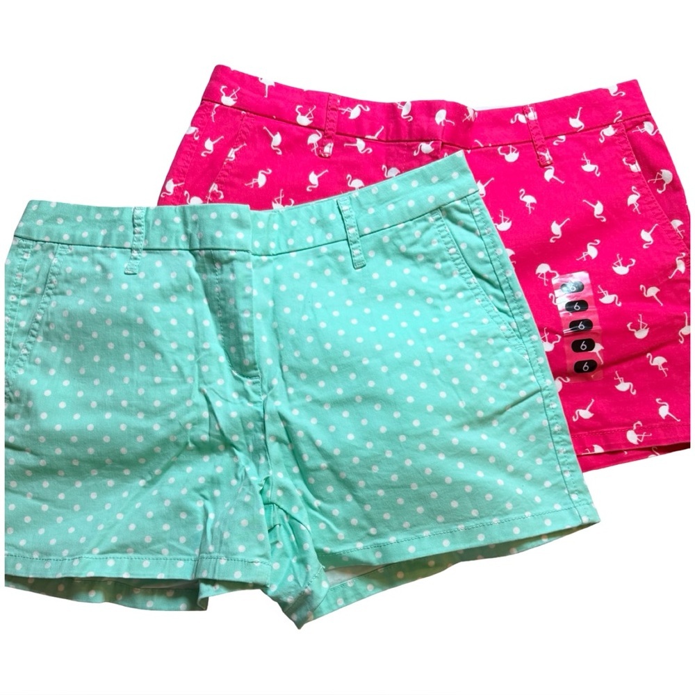 2-Mid-Rise Summer Shorts Sz 6 — Flamingo & Polka Dot Prints (1 NWT)